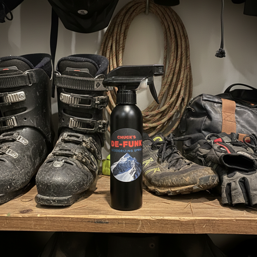 Spray bottle labeled 'De-Funk' on a wooden surface with ski boots and gear in the background.